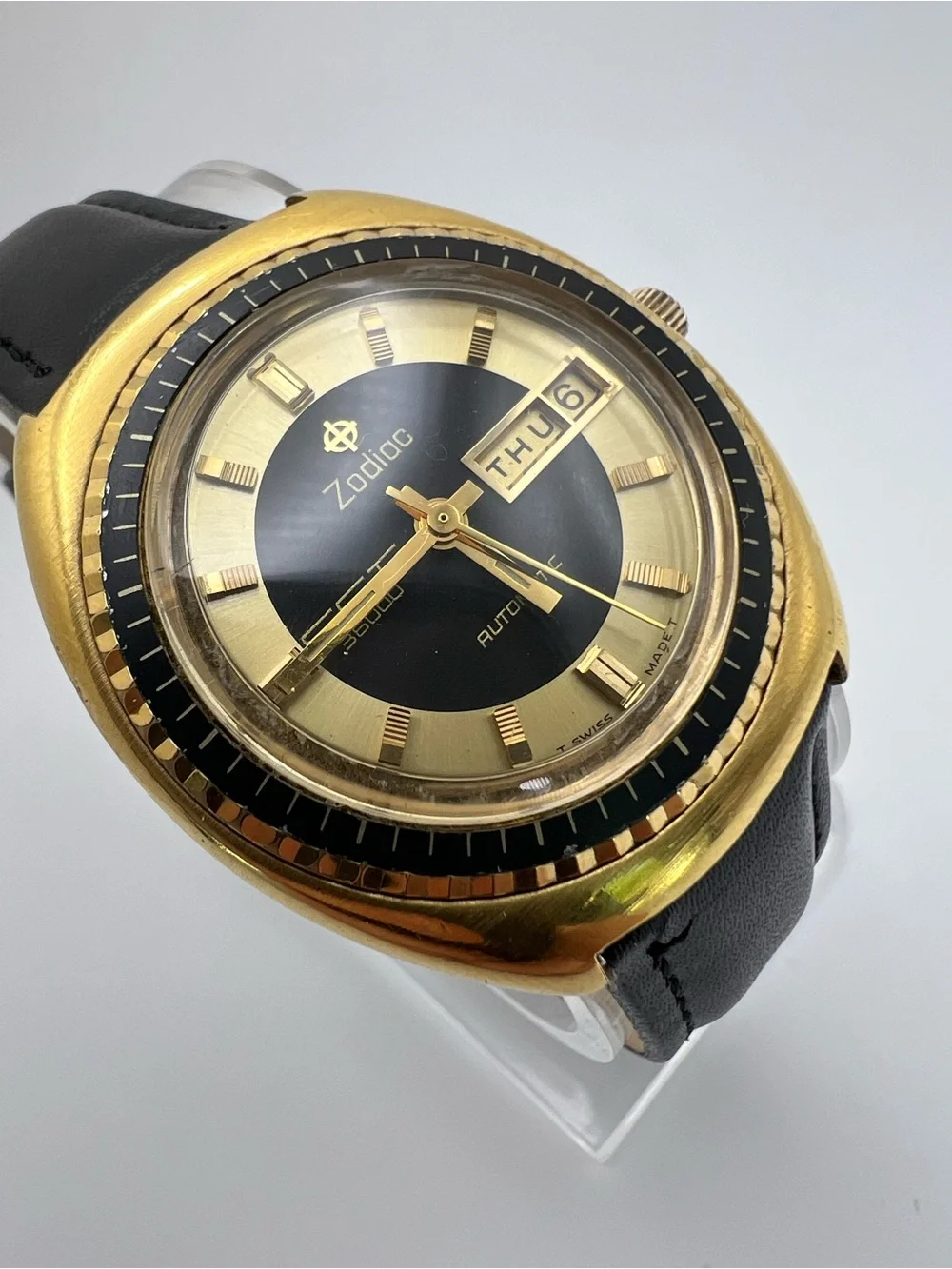 Zodiac Gold Tone Watch with Black Dial